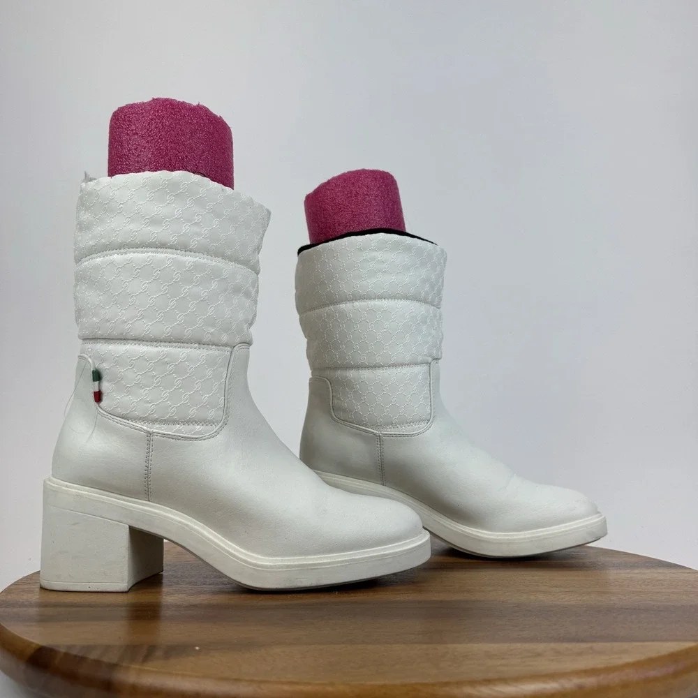 Womens Franco Sarto L-Snow White Faux Leather Block Heel Waterproof Boots Size 7